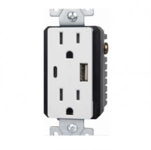 The DWUR-15-1A1C-CC3.6 USB outlet is the /Tamper-Resistant Receptacle offers two USB charging ports and duplex Tamper-Resistant Receptacles. This DWUR-15 is able to charge any current electronic devices simultaneously, including smart phones, tablets, e-readers, cameras and MP3 players. What’s more, it has the capability to charge new device required higher current rating in the future. All you will need is a USB cable to connect to one of the two USB ports.